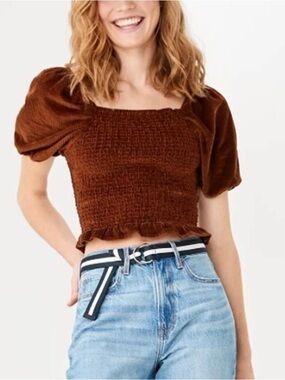 American Eagle Smocked Crop Top M Brown Corduroy Puff Sleeve Cottagecore